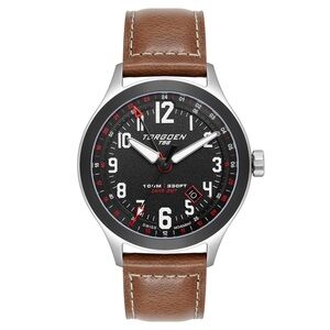Torgoen T56 GMT Black Sapphire Pilot Watch - Black Dial, Brown Leather Strap